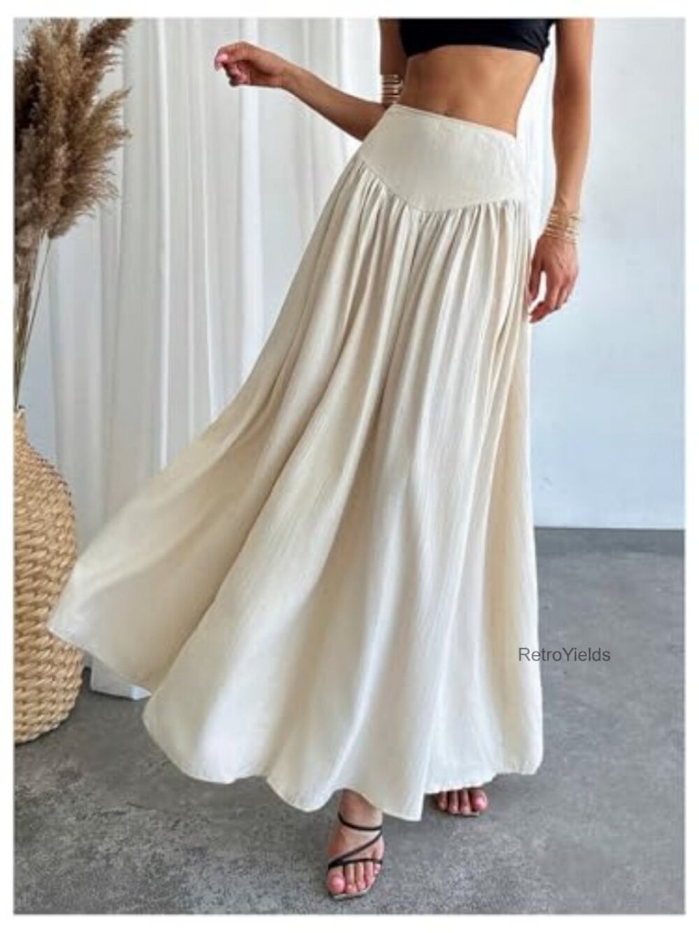 Women's High Waist Pleated Flowy Maxi Skirt with Pocket - Picture 4 of 6